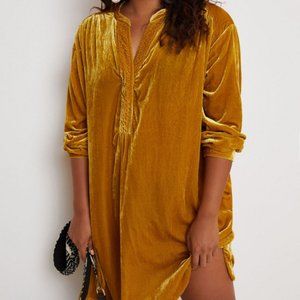 Anthropologie Melody Velvet Mustard Yellow Long Sleeve Dress size MP